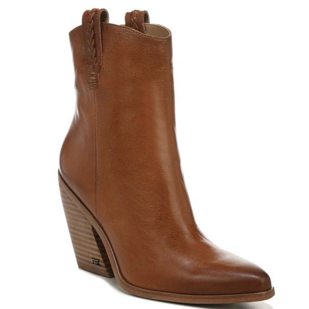 Sam Edelman Agnes Stacked Heel Pointy Toe Pull On Ankle Western Boot (Brown, 10)